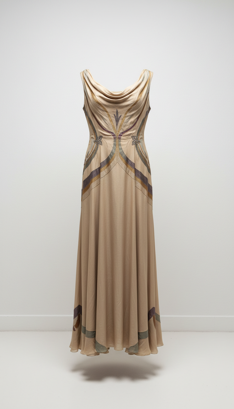 Silk evening gown with draped bodice