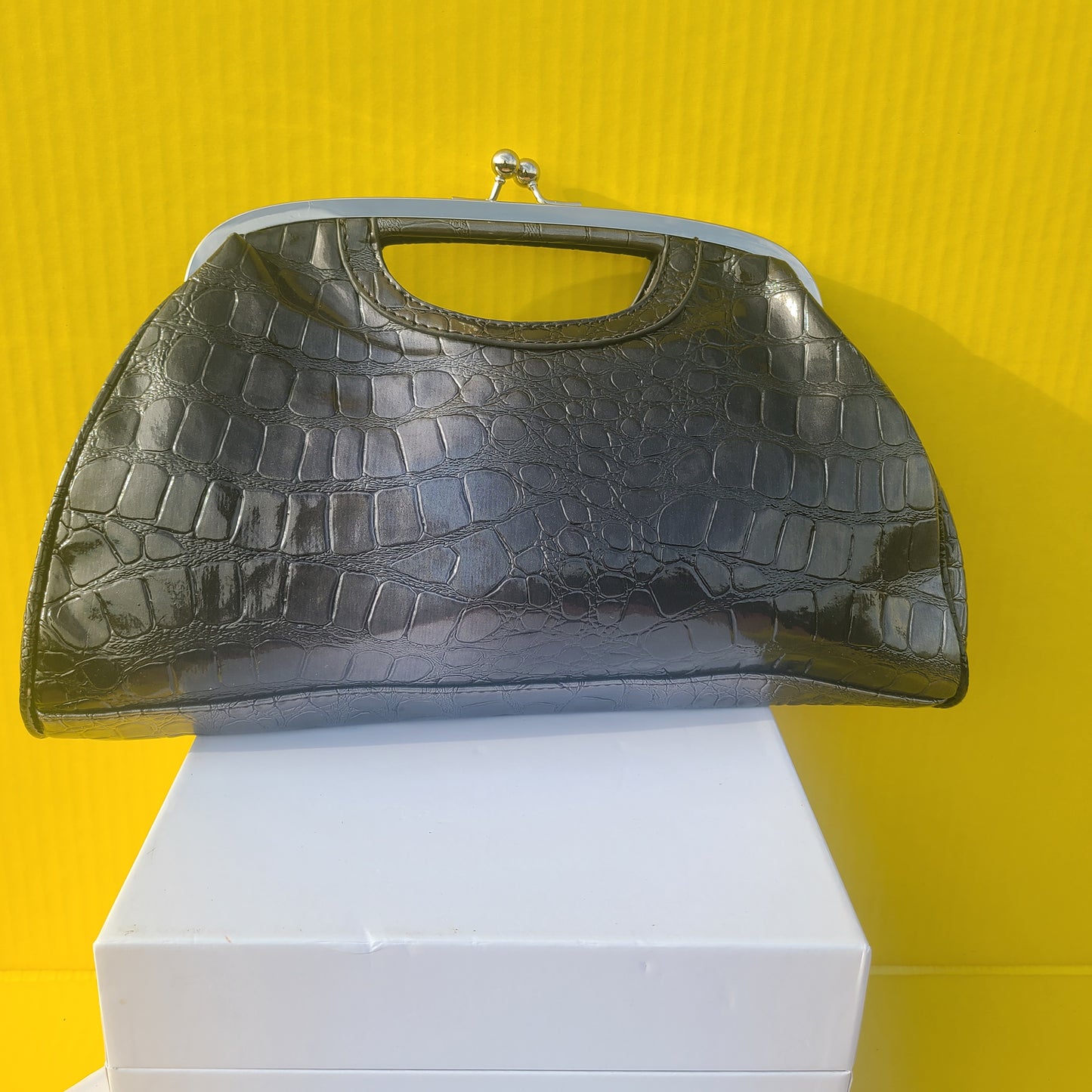 Gunmetal Croc Print Clutch