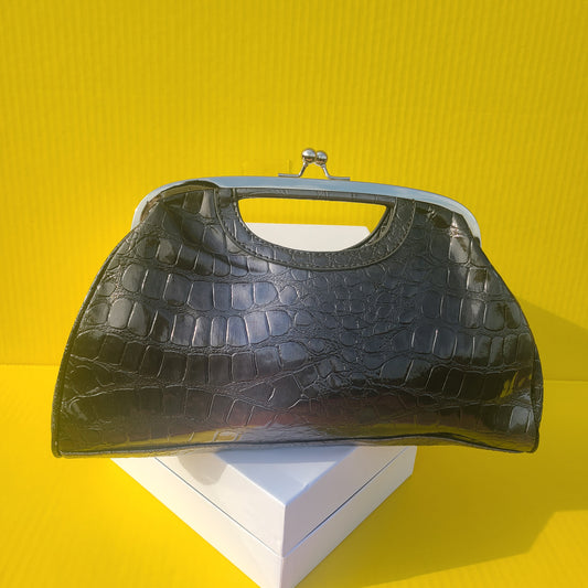 Gunmetal Croc Print Clutch