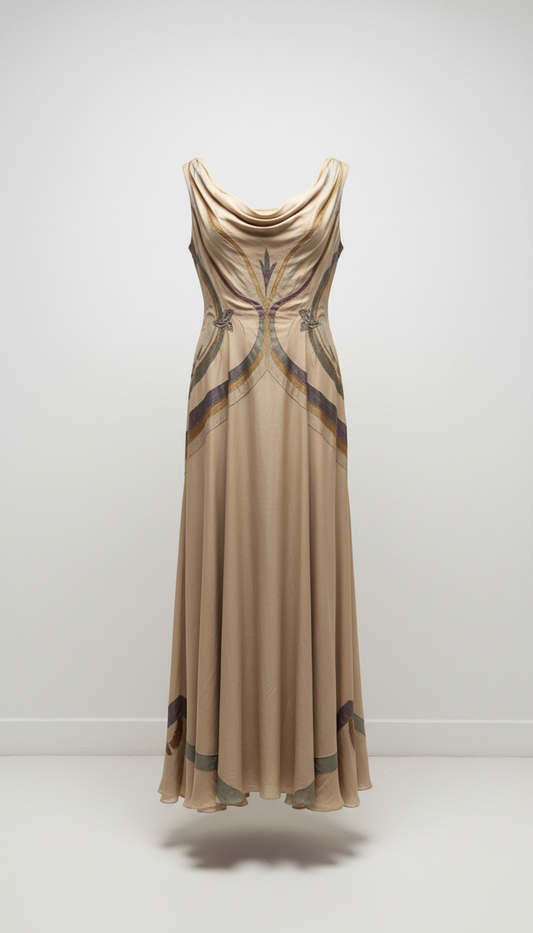 Silk evening gown with draped bodice